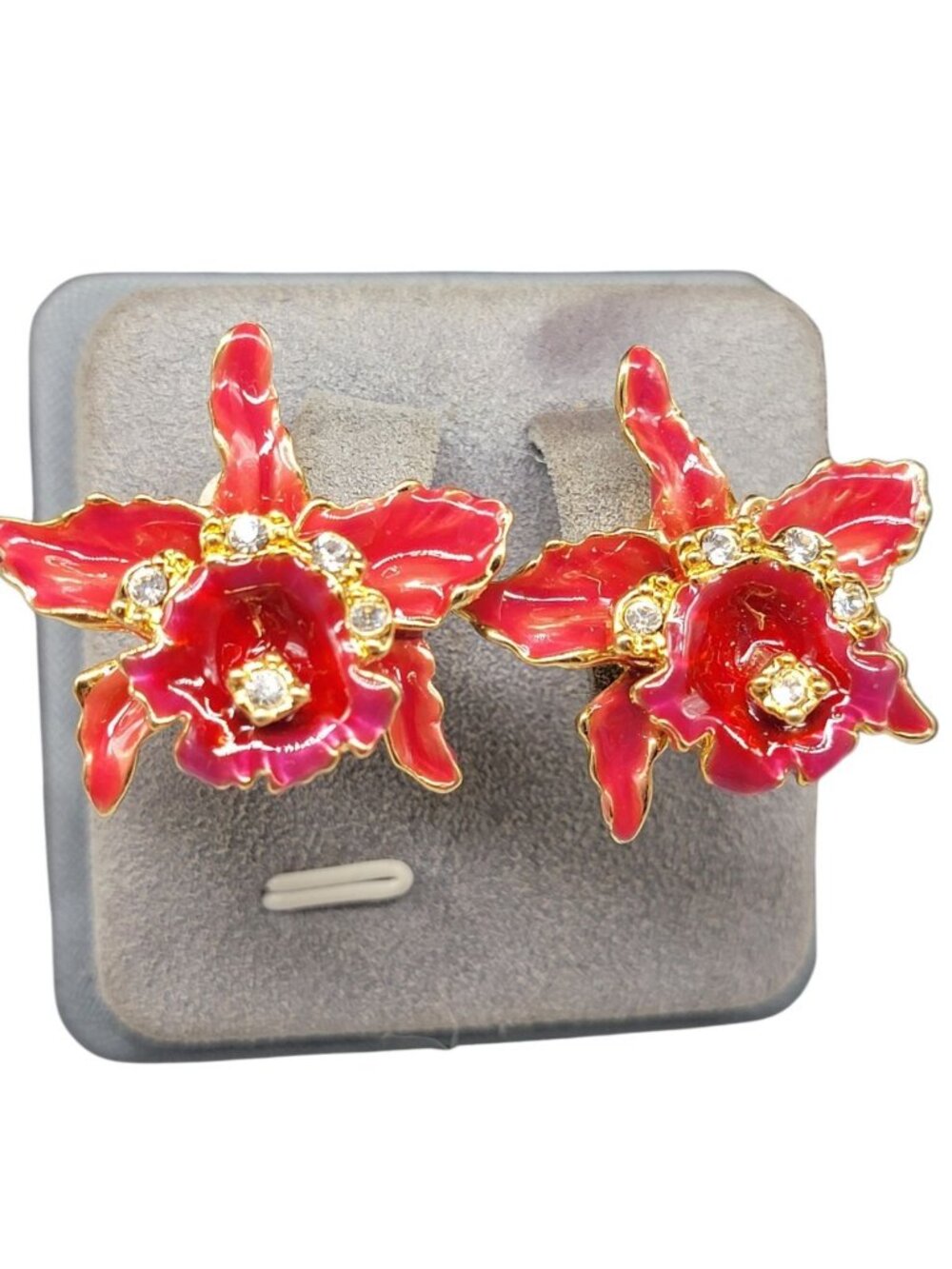 Alana Stewart Orchid Earrings Red Enamel Rhinestone Gold Tone Large Vintage 1990